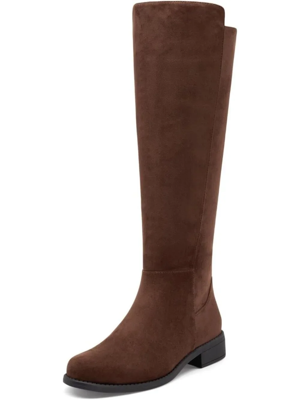 Women Chocolate Suede Chunky Block Low Heel Round Toe Side Zipper Knee High Boot